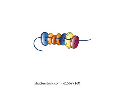 Colored buttons with thread for clothing, tailor elements, vector illustration