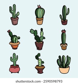 Colored cactus set. Hand drawn cactus in pot doodle set. Cacti simple illustration.