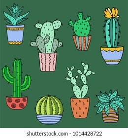 colored cactus set in pots, vector illustration cartoon style
