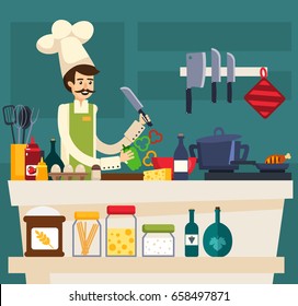 Colored cafe worker composition with the chef prepares meals in kitchen of the restaurant vector illustration