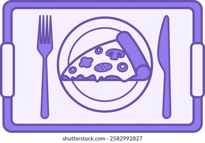 Colored Cafeteria Icon. Vector Drawing. Tray with Food and Cutlery. Pizza, Fork, Knife, and Plate. Restaurant Concept