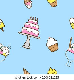 Colored cake and ice cream vector seamless pattern