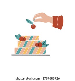 Colored cake on a stand with cherries next to the hand. Hand drawn vector illustration. Dotted vector illustration of kitchen element.
