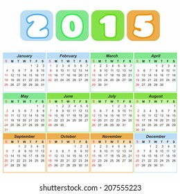 colored calendar grid 2015