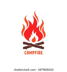 farbiges Lagerfeuerlogo wie Camping. flach schlichte Trend moderne logotype Grafik Design isolierte Element. Konzept der Freizeit mit Freunden oder Minimaletikett für Camper wie helle Flamme