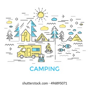 Colored camping composition in linear style with machine thing and trees around vector illustration