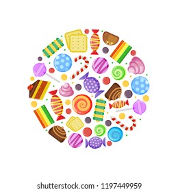 Colored candies. Chocolate caramel cakes fruit biscuits and other various sweets in circle shape vector design