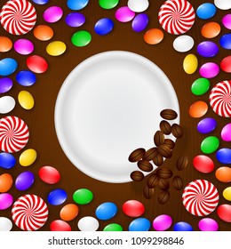 Colored candies, sweets and lollipops. On a brown wooden background. View from above.