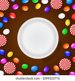 Colored candies, sweets and lollipops. On a brown wooden background. View from above. EPS 10