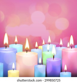 Colored candles. Candle flame fire light. Festive background. Vector