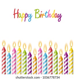 colored candles with different candlelights and text happy birthday