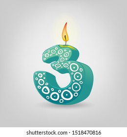 Colored candles for the holiday. Hand-drawn vector illustration. Number three