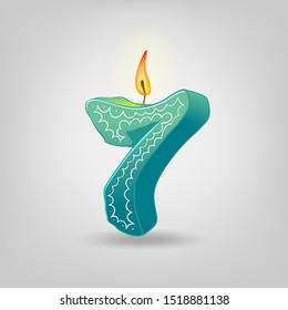 Colored candles for the holiday. Hand-drawn vector illustration. Number seven