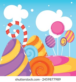 Colored candy land landscape Sweet place Vector illustration