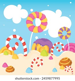 Colored candy land landscape Sweet place Vector illustration