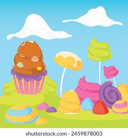 Colored candy land landscape Sweet place Vector illustration
