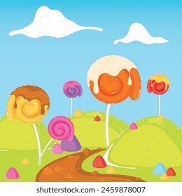 Colored candy land landscape Sweet place Vector illustration