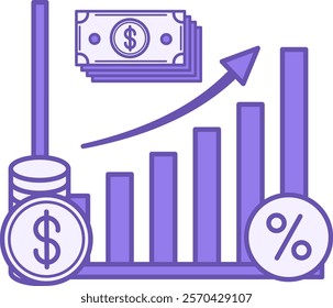 Colored Capitalization Icon. Vector Illustration. Interest Accrual on Principal. Dollar, Currency, Income Increase. Increasing Chart with Up Arrow. Stock Market Concept