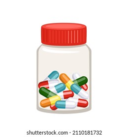 Colored capsules and pills in a transparent jar isolated on a white background. Medicine vector illustration in cartoon flat style. Icon.