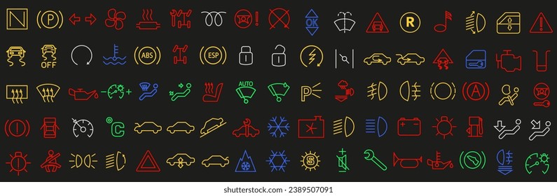 Colored car dashboard icons. Car control panel interface. Dashboard icons. EPS 10.