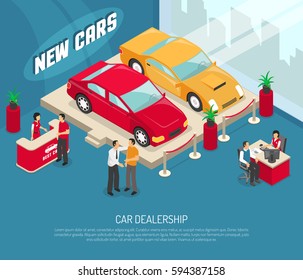 Colored Car Dealership Leasing Composition With People Who Choose And Buy Cars Vector Illustration