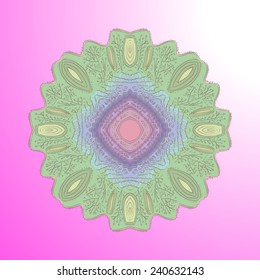 Colored  card with circular pattern of branches, waves on a gradient pink background. Hand drawn.
