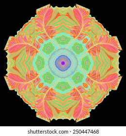 Colored  card with circular pattern of feathers, waves on a black  background. Hand drawn.