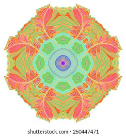 Colored  card with circular pattern of feathers, waves on a white  background. Hand drawn.