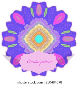 Colored  card with circular pattern of floral motif, branches, label on a white  background. Hand drawn.