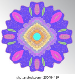 Colored  card with circular pattern of floral motif, branches  on a gradient  gray background. Hand drawn.