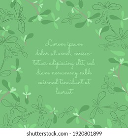 Colored Card with Filled and Outlined Thyme Leaves and Twigs Placed Around. Round Clearing in the center with Place for Text. Vector Illustration for Magazine, Recipe book, Poster, Menu cover etc.