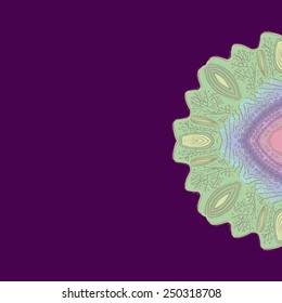 Colored  card with half of  circular pattern of branches, waves, copy space on a dark pink  background. Hand drawn.