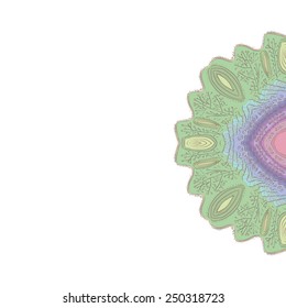 Colored  card with half of  circular pattern of branches, waves, copy space on a white   background. Hand drawn.
