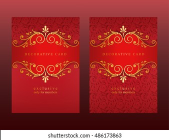Colored card template with ornamental elements. Vintage card with horizontal floral border, size A5. Vector red brochure cover design from vip style.