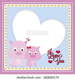 a colored card with text, hearts and pigs