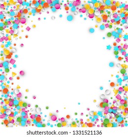Colored Carnaval Confetti Explosion Background with Stars, Squares, Triangles, Circles. Abstract Geometric Shapes 3d Vector Pattern for Birthday and Party Design