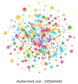 Colored Carnaval Confetti Explosion Background with Stars, Squares, Triangles, Circles. Abstract Geometric Shapes 3d Vector Pattern for Birthday and Party Design