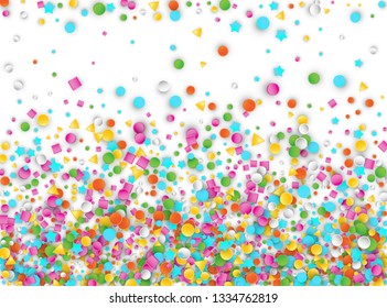 Colored Carnaval Confetti Explosion Background with Stars, Squares, Triangles, Circles. Abstract Geometric Shapes 3d Vector Pattern for Birthday and Party Design