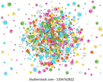 Colored Carnaval Confetti Explosion Background with Stars, Squares, Triangles, Circles. Abstract Geometric Shapes 3d Vector Pattern for Birthday and Party Design