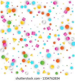 Colored Carnaval Confetti Explosion Background with Stars, Squares, Triangles, Circles. Abstract Geometric Shapes 3d Vector Pattern for Birthday and Party Design