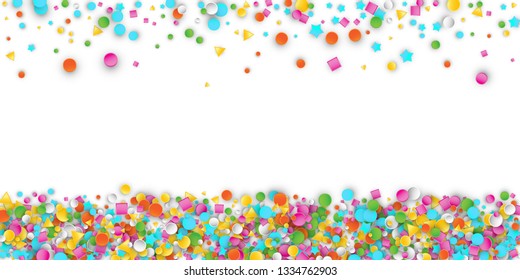 Colored Carnaval Confetti Explosion Background with Stars, Squares, Triangles, Circles. Abstract Geometric Shapes 3d Vector Pattern for Birthday and Party Design
