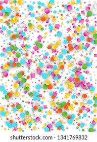 Colored Carnaval Confetti Explosion Background with Stars, Squares, Triangles, Circles. Abstract Geometric Shapes 3d Vector Pattern for Birthday and Party Design