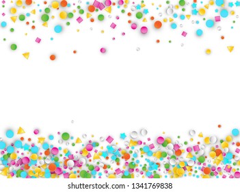 Colored Carnaval Confetti Explosion Background with Stars, Squares, Triangles, Circles. Abstract Geometric Shapes 3d Vector Pattern for Birthday and Party Design