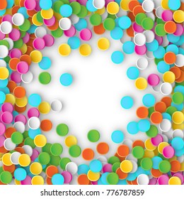 Colored carnaval confetti flying on white background. 3d vector illustration for celebrate, anniversary party and birthday design