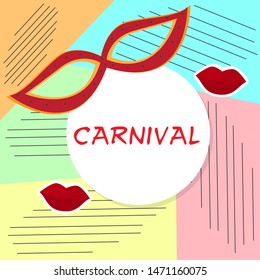 Colored carnival poster with a theater mask and red lips - Vector