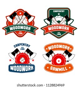 Colored carpentry woodwork logos and badges.