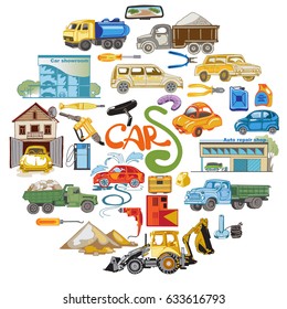 Colored cars elements round concept with trucks tractor automobiles garage and auto repair tools in doodle style isolated vector illustration