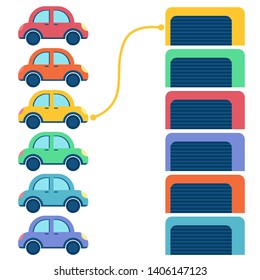 Colored cars. Game for children: find the right garage for each car. Pick a color. Developing game for boys and girls. - Vector