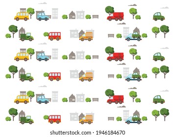 colored cars with houses, trees, bench. children's background 
