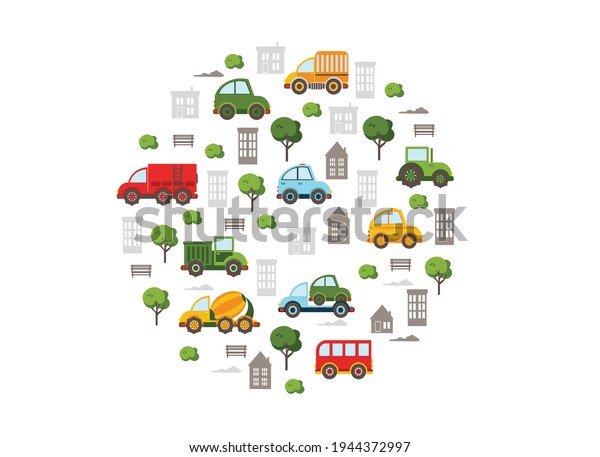 colored cars with houses, trees, bench. children\'s\
background 